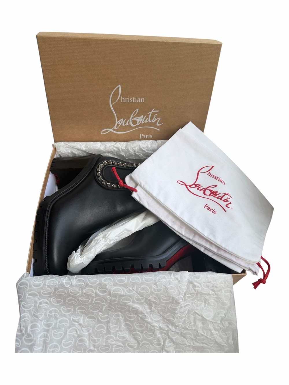 Christian Louboutin Black Leather Studded Ankle Boots with Red Sole